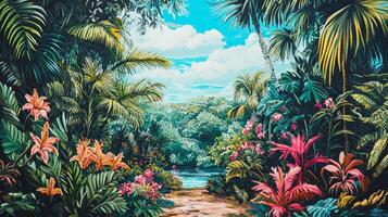 A painting of a tropical jungle with flowers and trees photo