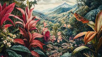 A painting of tropical plants and butterflies in the jungle photo