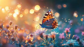 Butterfly on flowers with bokeh background photo