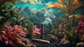 A cigar in the middle of a field with plants and trees photo