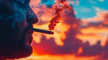 A man with a cigarette in his mouth and smoke coming out of his mouth photo