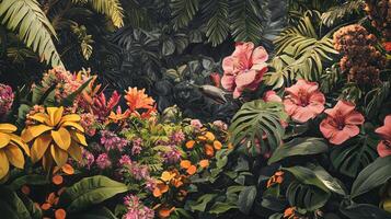 A painting of a tropical jungle with lots of flowers photo