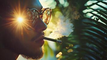 A man with sunglasses and a cigarette in front of a palm tree photo