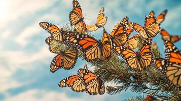 Monarch butterflies on a pine tree photo