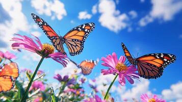 Butterflies on flowers with blue sky background photo