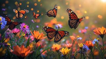 Butterflies flying over a field of flowers photo
