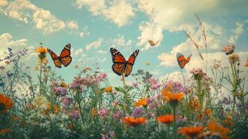 Butterflies flying over a field of flowers photo