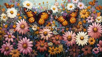 A painting of two butterflies on a field of flowers photo