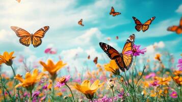 Butterflies flying over a field of flowers photo