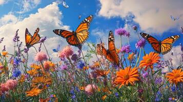 Butterflies flying over a field of flowers photo
