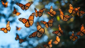 Many monarch butterflies are flying in the air photo