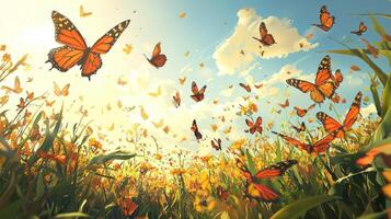 Butterflies flying in the sky over a field of green grass photo