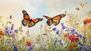 Two butterflies are flying over a field of wildflowers photo
