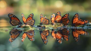 A group of monarch butterflies are sitting on the water photo