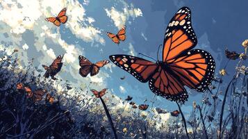 A painting of many butterflies flying in the sky photo
