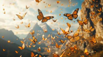 Butterflies flying in the sky over mountains photo