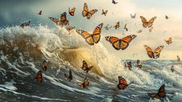 Butterflies flying over the waves of a large ocean photo