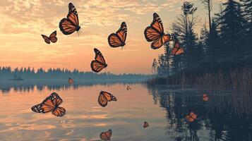 Butterflies flying over a lake at sunset photo
