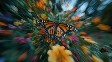 A monarch butterfly is seen in a blurry photo