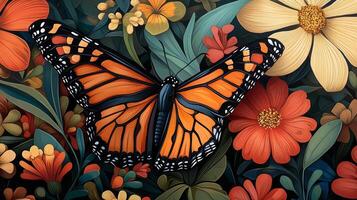 A painting of a monarch butterfly on a flowery background photo