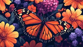A painting of a monarch butterfly surrounded by flowers photo