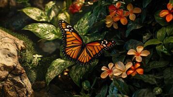 A monarch butterfly is sitting on a rock surrounded by flowers photo