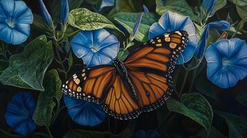 A painting of a monarch butterfly on blue flowers photo