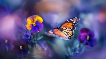 A butterfly is flying over purple and yellow flowers photo