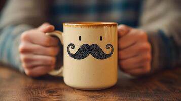 Man holding mug with mustache design, enjoying warm beverage at home photo