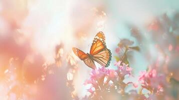 A butterfly is flying over pink flowers photo