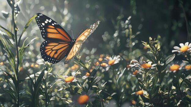 A monarch butterfly is flying through a field of flowers photo