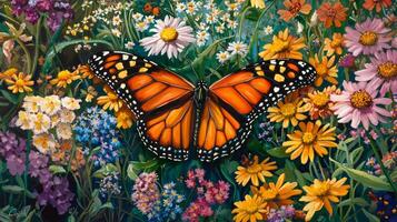 A painting of a monarch butterfly on a field of flowers photo