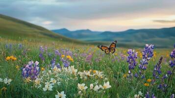 Wildflowers and butterflies in the mountains photo
