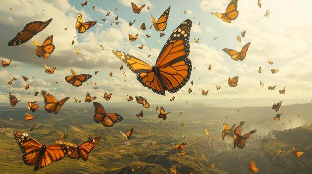 A large group of butterflies flying in the sky photo