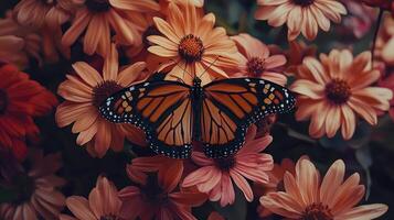 A monarch butterfly is sitting on top of some flowers photo