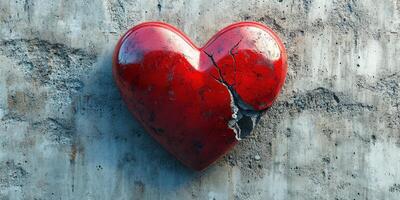 Heart sculpture with cracks on a weathered concrete wall in a city setting during the daytime photo