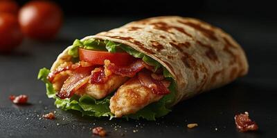 Delicious chicken wrap filled with fresh ingredients, ideal for a quick meal or snack at any time of day photo