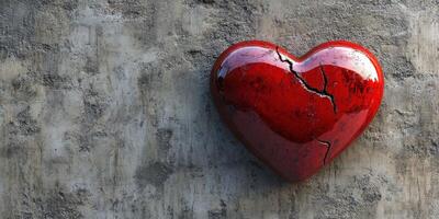 Cracked red heart against a textured gray wall representing broken emotions and vulnerability photo