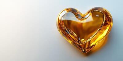 Heart-shaped glass object with golden hue reflecting light on a smooth surface in a minimalist setting photo