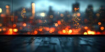 City skyline illuminated at night with reflections and bokeh effects from lights and blurred buildings photo