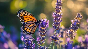 A monarch butterfly is perched on a lavender plant photo