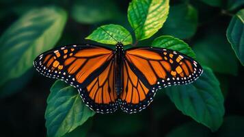 A monarch butterfly is sitting on a leaf photo