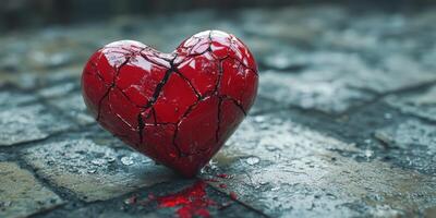 Red broken heart laying on the ground with cracked surface under soft light during early evening hours photo