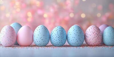 Colorful Easter eggs displayed in a festive arrangement with delicate pastel hues on a festive background photo