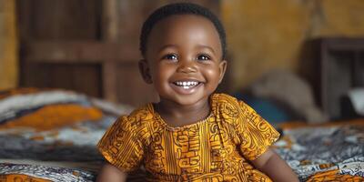 Happy child smiles brightly while sitting on colorful bedding in a cozy indoor space during the daytime photo