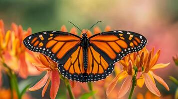 A monarch butterfly is sitting on some orange flowers photo
