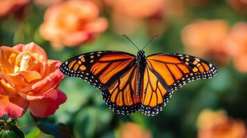 A monarch butterfly is sitting on a rose photo