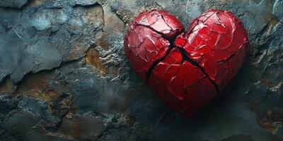 Cracked red heart rests on a textured gray surface, symbolizing heartbreak and emotional struggle photo