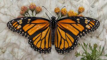 A monarch butterfly rests on a flower photo