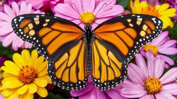 A monarch butterfly is sitting on a bunch of flowers photo
